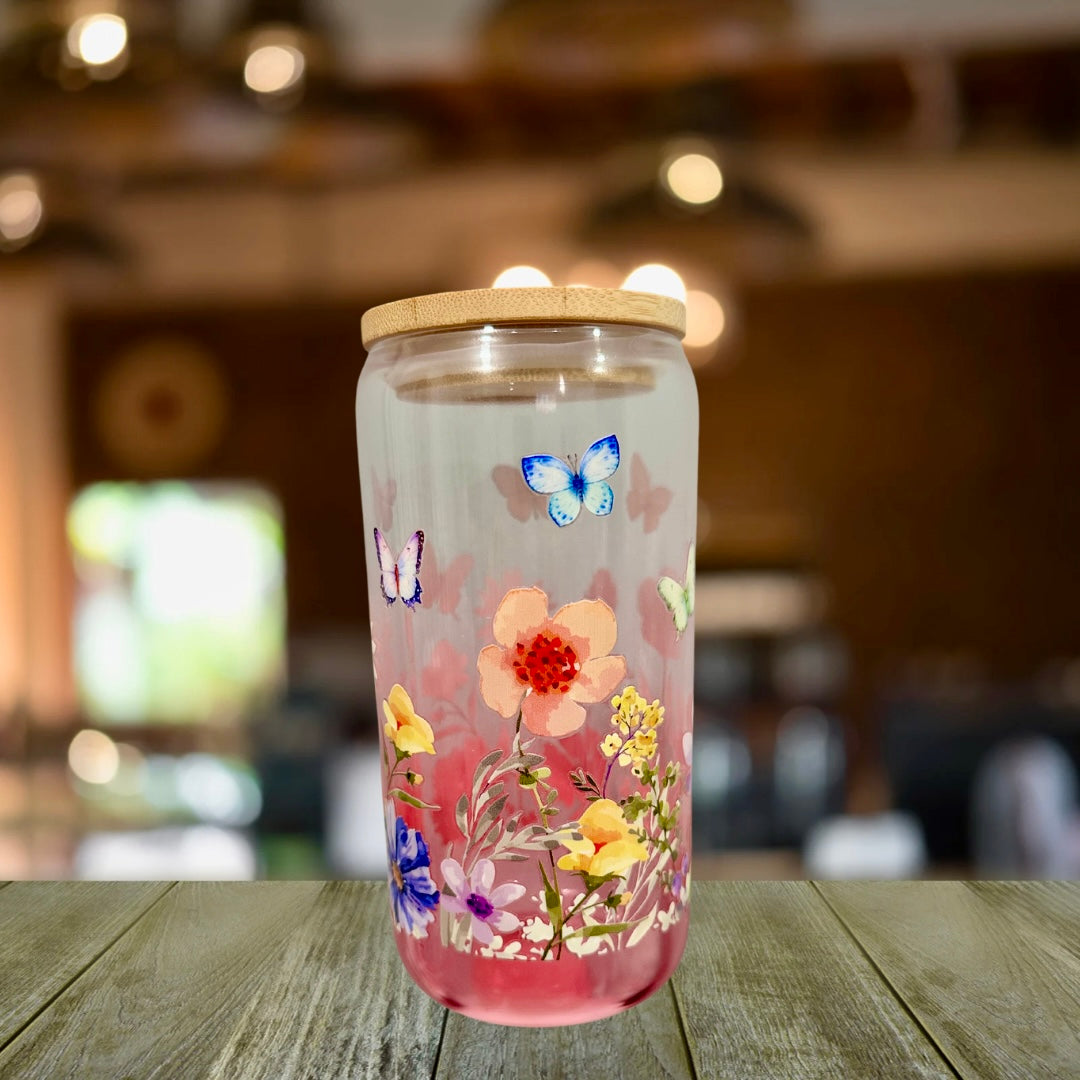 Flowers and butterflies glass can cup w/ lid and straw