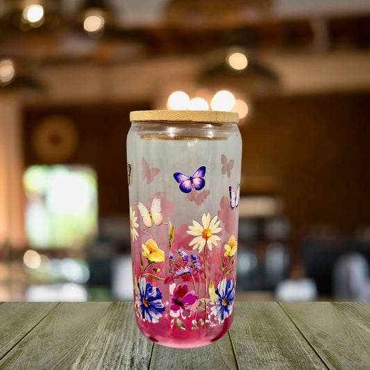 Flowers and butterflies glass can cup w/ lid and straw