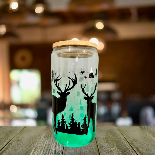 Deer glass can cup w/lid and straw