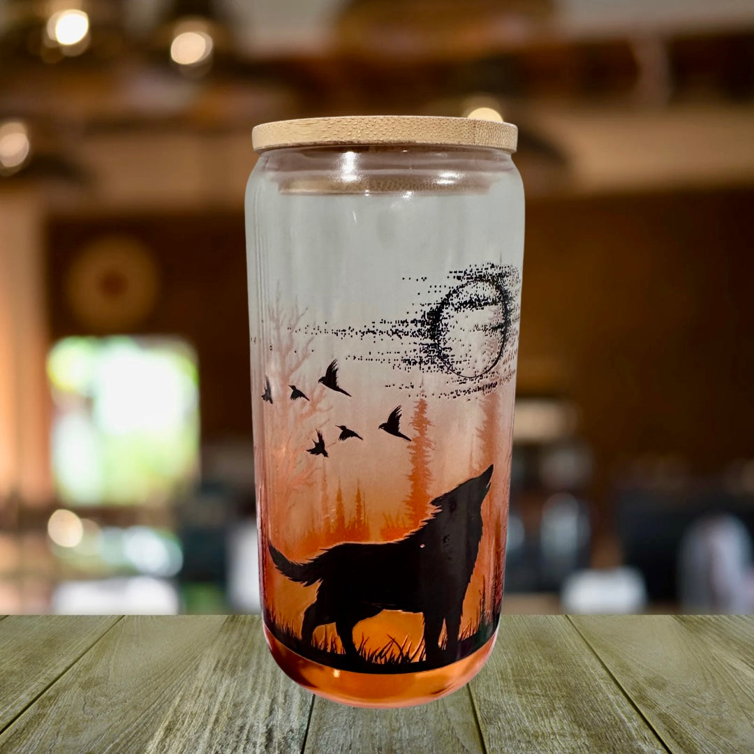 Wolf Glass can Cup w/ lid and straw