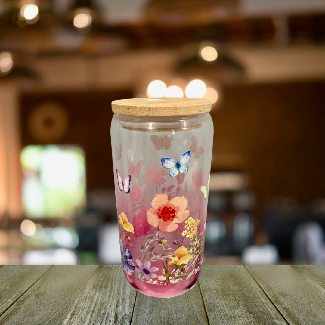 Flowers and butterflies glass can cup w/ lid and straw