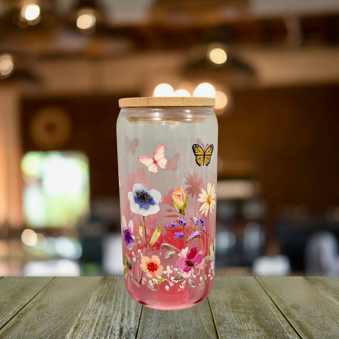 Flowers and butterflies glass can cup w/ lid and straw